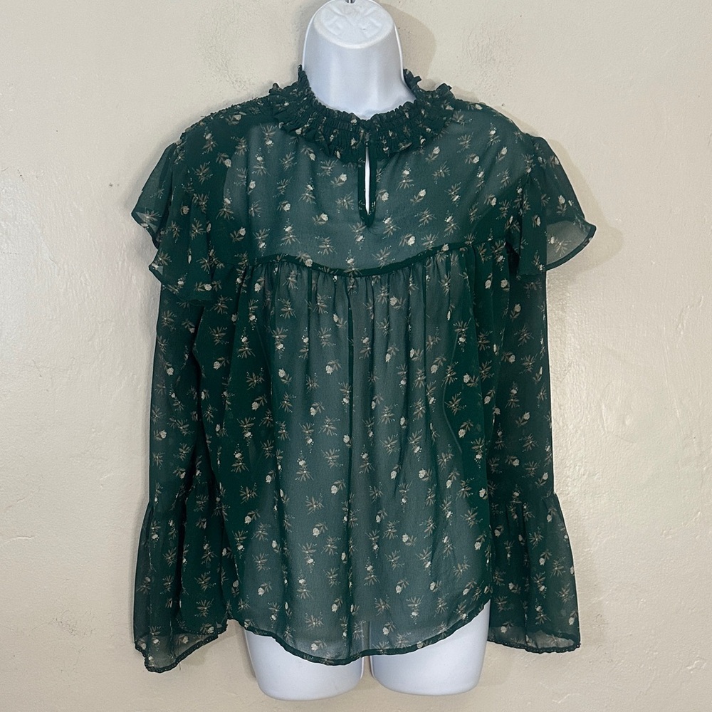 Zara Dark Green Sheer Floral Ruffle Neck Blouse